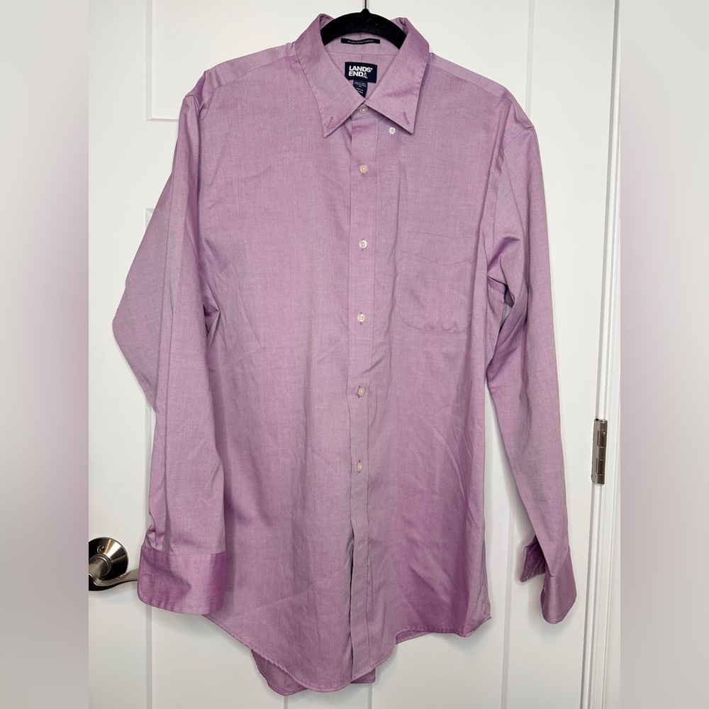 Lands’ End Heathered Pink Long Sleeve Traditional Fit Button-Up - 16.5-34